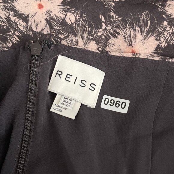 Reiss Floral Crawford Fluid Dress V-Neck Keyhole Black Flowy Cap Sleeve Women 12 - Picture 8 of 15
